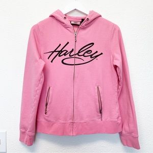 HARLEY DAVIDSON Pink Full Zip HoodiE Black Rhinestone Logo Y2K Vintage SIZE M